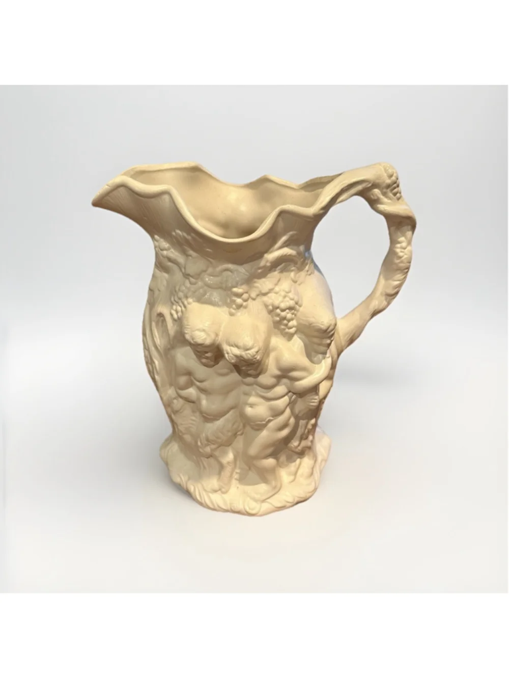 Vintage Cream White Ceramic Cherub Pitcher | Bacchanalian Putti Relief Vase Jug